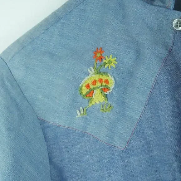 Vintage 70s Embroidered Shirt XS S Mushroom Western THRASHED Hippy Farmer - Picture 5 of 10